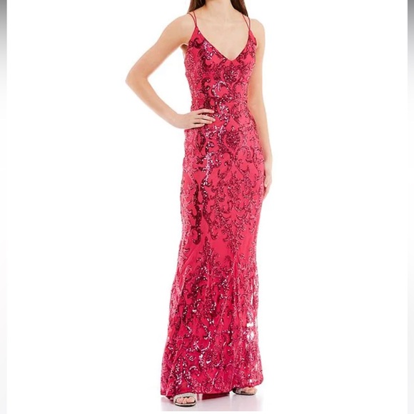 B Darlin Fuchsia Pink Sequin Gown Size 9/10 Juniors - Picture 2 of 8
